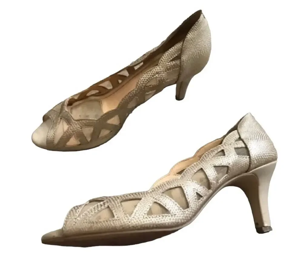 Alex Marie Gold Leather Pumps Womens 7.5 M Peep Toe Cutout Mesh High Heels